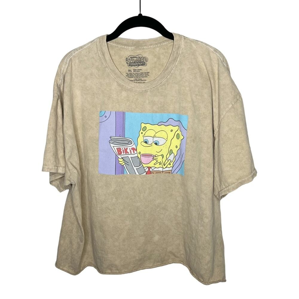 SPONGEBOB SQUAREPANTS / tan sipping tea graphic short sleeve tee / XL